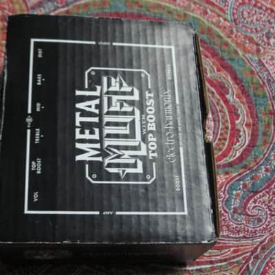 less than light average wear condition Electro Harmonix EMPTY BOX and original Owner's Manual ONLY for EXO Metal Muff with Top Boost pedal (NO pedal, NO warranty / registration paperwork) BOX: Cardboard / BOX Color: Black / GRAPHIC: Black & White, White image 5