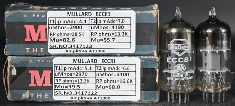 2x 1950's Mullard ECC81/12AT7 Top Square Getter Made in Great Britain Amplitrex Tested image 1