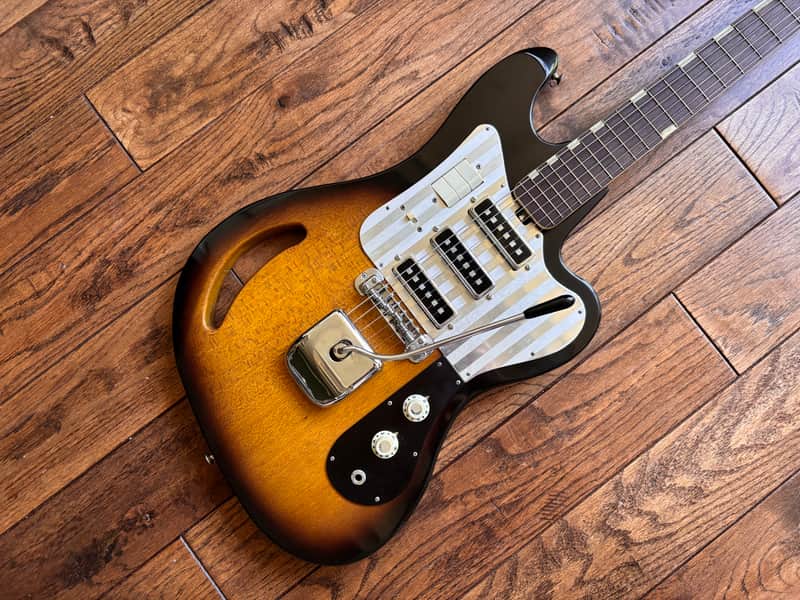 Vintage 1960s Teisco TG-64 Electric Guitar Monkey Grip Tobacco Burst Offset Tremolo MIJ Japan w/ OHSC image 1