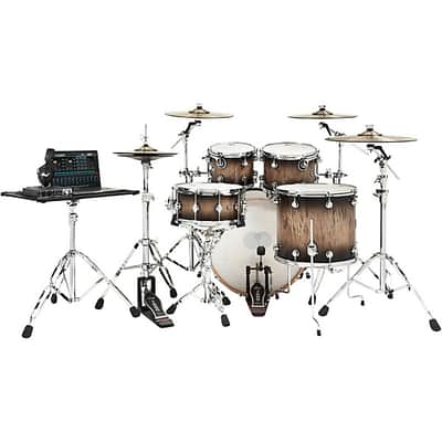 DW DWe Wireless Acoustic-Electronic Convertible 5-Piece Drum Set Bundle With 22" Bass Drum, Cymbals and Hardware 2024 - Exotic Curly Maple Black Burst image 4