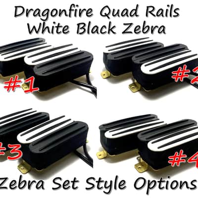 Quad Rail Humbuckers, 4 Blade Rail Style Overwound Passive 23K Pickup Set ~ White Black Zebra #1 Black Rails image 5