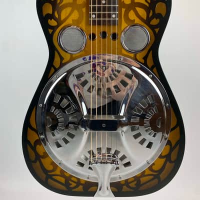 1991 Dobro Model 37 Round Neck Resonator w/ RARE Original French Scroll Finish. Era correct Chipboard case /or padded Hardshell available/ image 3