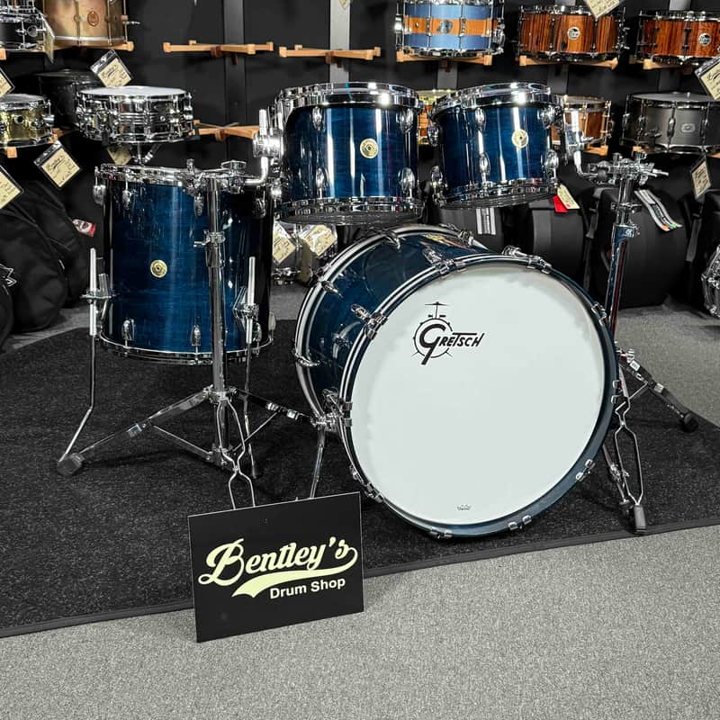~WOW!~ Gretsch USA Custom 4-Piece 10/12/16/22 Drum Kit Set in Azure Blue Gloss Lacquer with White Marine Pearl Bass Drum Hoops Inlays image 1
