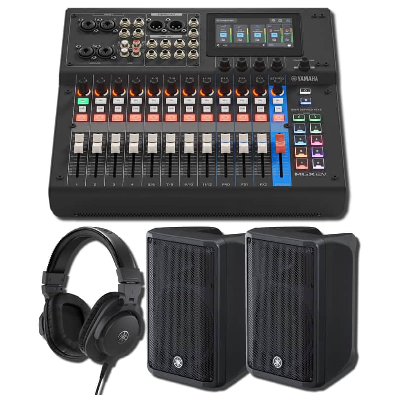 Yamaha MGX12V B 18-Channel Digital Mixing Console Live Sound Bundle with 2x DBR10 10-Inch 700W Powered Speakers and HPH-MT5 Studio Monitor Headphones image 1