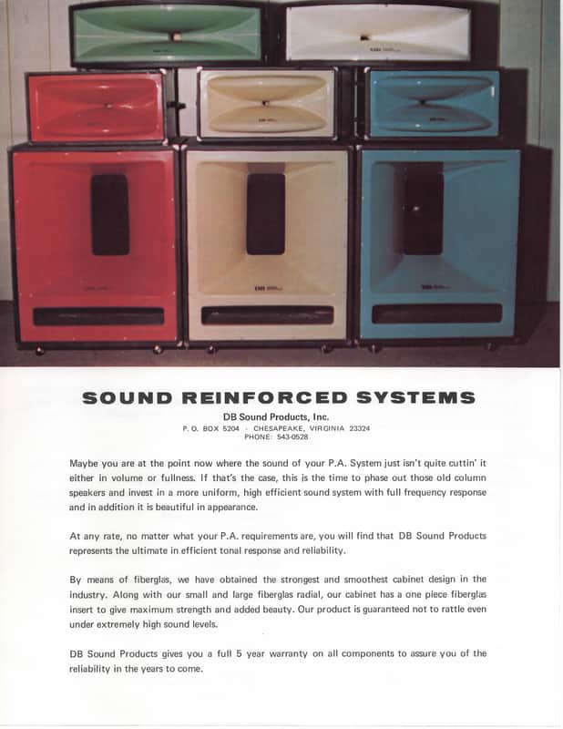 DB Sound Prodcuts- Sound Reinforced Systems, promotional cut-sheet, vintage image 1