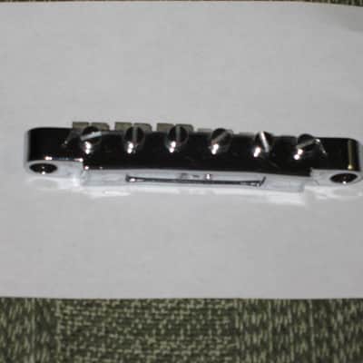 lightly used Epiphone B-2 metric ABR-1 vintage style bridge, wired,  CHROME, large posts mounting pieces (NO anchors) 1990s/2000s (for some import guitars that use this style bridge) will NOT fit on Gibson - mounting holes are too big image 18