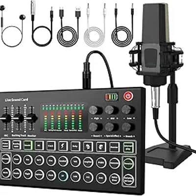 Podcast Equipment Bundle, All-in-One Audio Interface DJ Mixer with Microphone, Stand, Monitor Earphone, Audio Mixer With Sound card for PC/Laptop/Phone, Streaming/Podcasting/Gaming image 1