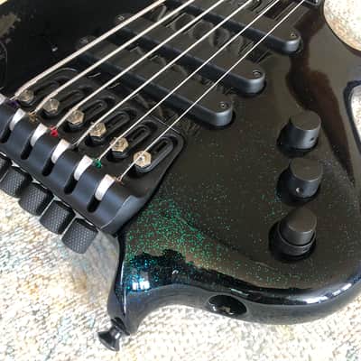LeFay Pangton 6 string bass guitar headless Translucent Black Green Blue Metalflake Le Fay image 13