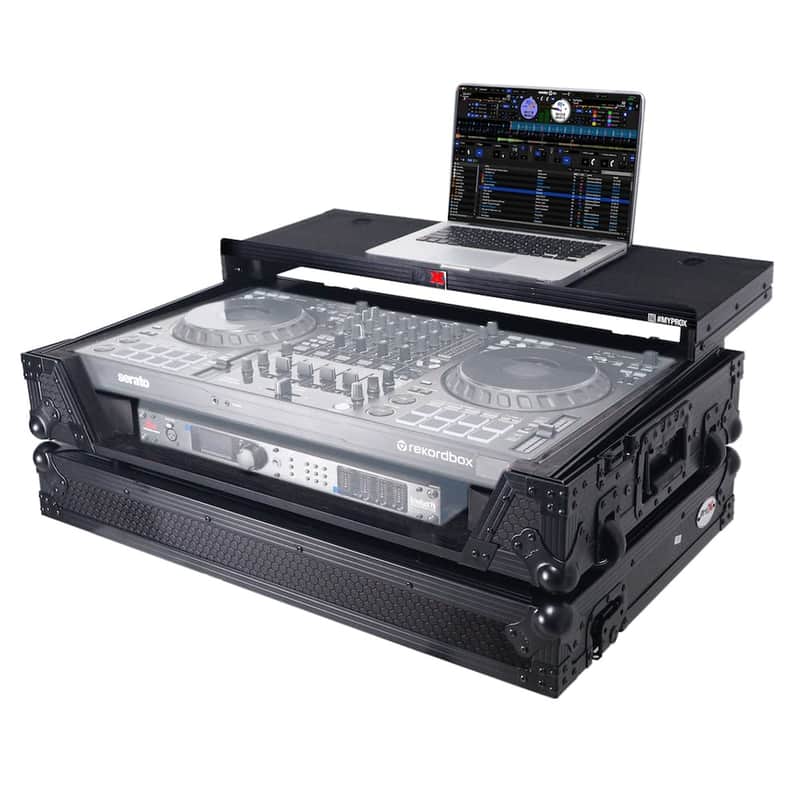 Pro X ATA Flight Style Road Case For Pioneer DDJ-REV5 DJ Controller with Laptop Shelf 1U Rack Space Wheels and LED Black Finish image 1