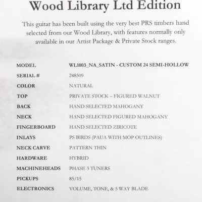 PRS Wood Library Satin Custom 24 Semi Hollow #248309 image 7