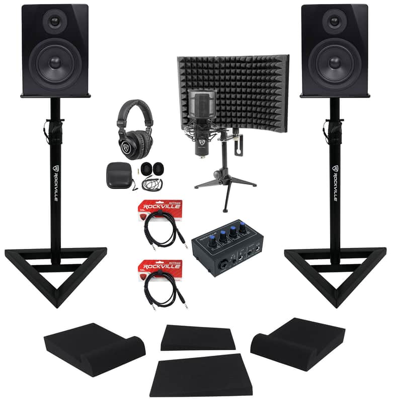 Rockville Studio Recording Kit w/Interface+Monitors+Stands+Mic+Headphones+Shield image 1