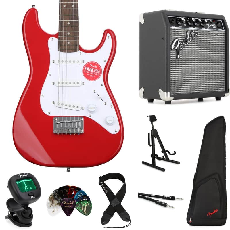 Squier Mini Strat Electric Guitar with Fender Frontman 10 Amp Essentials Bundle - Dakota Red image 1