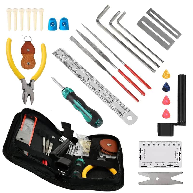 Brand New 28PCS Professional Guitar Repair and Maintenance Tool Kit With Wire Plier, String Organizer, Fingerboard Protector, Hex Wrenches, Files, String Action Ruler, Spanner image 1