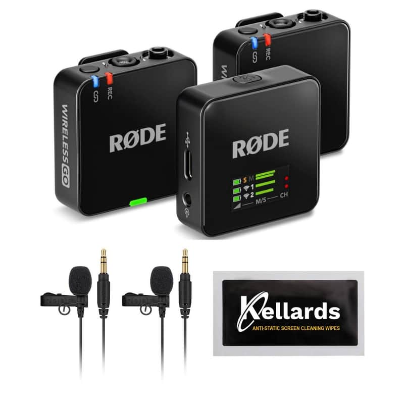 RODE Wireless GO (Gen 3) 2-Person Compact Digital Wireless Microphone Recorder Black Bundle with Rode Lavalier GO Microphone Systems (2 Pack), Kellards Cleaning Cloth image 1