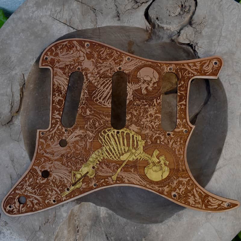 Hand-Painted Cherrywood Pickguard for Fender Stratocaster HSS/SSS – Laser-Engraved Unique 'Stumble' Design image 1