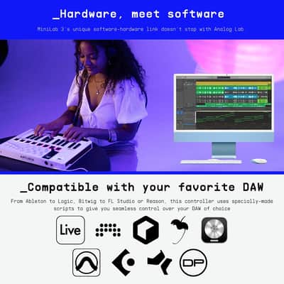 Arturia MiniLab 3, 25 Slim-Key USB-C Midi Controller with 5-Year Warranty, 8 Backlit LED Pads, 8 Knobs, 4 Faders, Midi Out, Built-in Arpeggiator, Chord mode and Software Bundle image 5