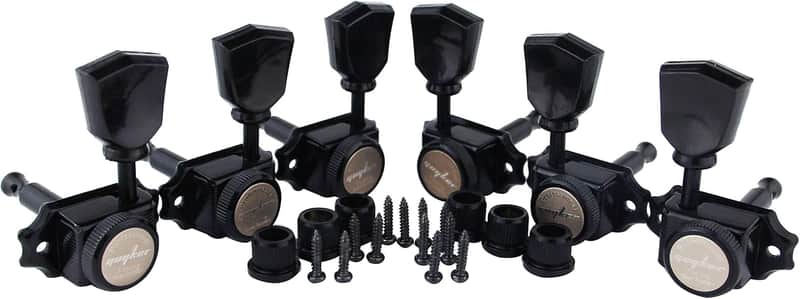 Locking Guitar Machine Heads (3R + 3L) – 1:15 Ratio Lock String Vintage Deluxe Tuning Key Pegs Tuners Set Replacement for Electric, Acoustic or Folk Guitars - Black Handle image 1