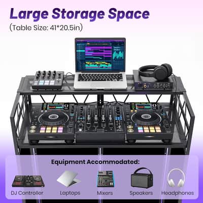 DJ Booth Stand Portable - DJ Table Facade for Laptop Double Top Storage Height Adjustable with Black & White Scrims DJ Stand Foldable with Storage Bag, Cable Holes, 40.7" L x 19.7" W, Black image 4