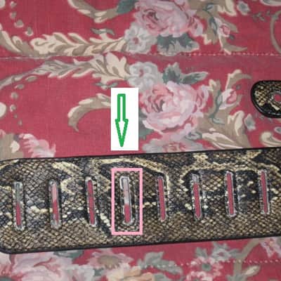 lite use RockYou (Rock You) PU Faux Leather Snakeskin Pattern Guitar Strap (front: brown, tan, black pattern) (back: black) reversible - main part of strap 2 & 3/4" wide, belt part 1 & 1/4" wide [polyurethane leather] Adjustable Length from 44" to 53" image 15