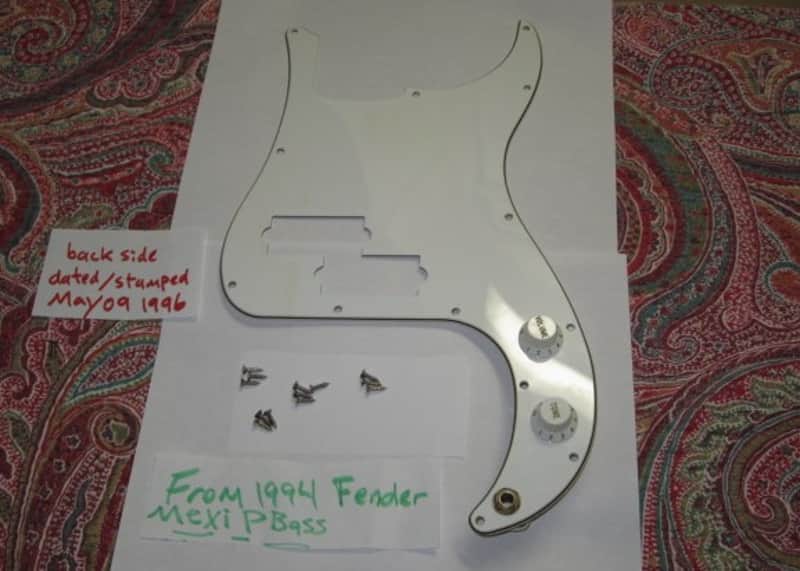 used light medium relic'd 1996 Fender Mexi Std P Bass WHITE (slightly aged) 3 Ply (w/b/w), 13 Hole PICKGUARD, NO heel truss rod adjustment notch, +wired CTS 250K audio V & T controls w/ 0.047µF capacitor & jack + knobs & screws (NO: pickups or bass) image 1