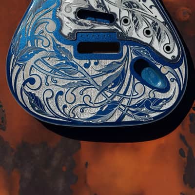 Custom Laser Engraved Blue Sparkle and White Fender Strat Guitar Body with White & Silver Mirror Pickguard & Tremolo Cover HSH, HSS, SSS Setup Available image 4