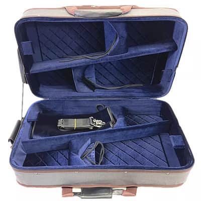 Pro Wooden 4/4 Quadruple Violin Case | Durable Dark Gray Case for 4 Full-Size Violins with Blue Interior & Carry Strap image 2