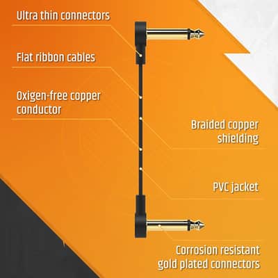 Guitar Flat Patch Cables (Pack of 3) - 24 Inch C-Shape Ultra-Thin Effect Guitar Pedal Patch Cables - Right-Angle, Black with Durable Gold Plated Connectors, Maximize Pedalboard Space image 3