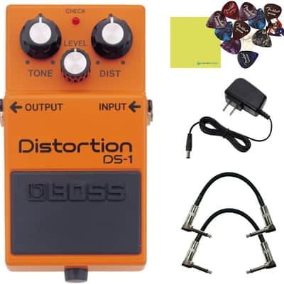 Boss DS-1 Distortion Pedal Bundle with 2x Strukture S6P48 Woven Right Angle Patch Cables, 12x Fender Guitar Picks, 9V Power Adapter and Liquid Audio Instrument Polishing Cloth image 1