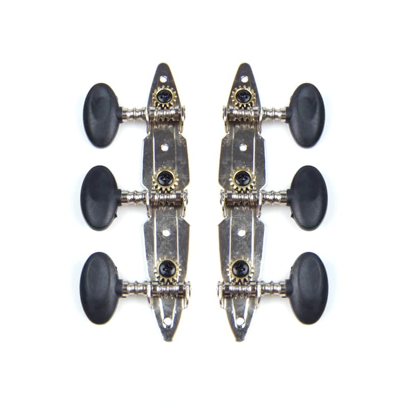 3-on-Plate Acoustic Guitar Tuners Set, Black knobs (3x3), Unique Shaped plate image 1
