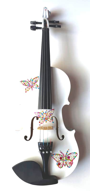 Butterfly Bling Bling Violin Outfit  4/4 w/ white carbon fiber bow, w/ hand applied artwork, crystal fine tuners, case, strings, rosin, set up, meets MENC standards image 1