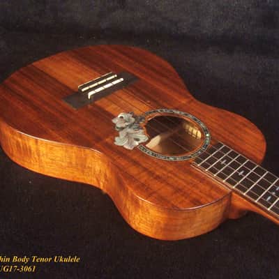 Handmade Thin Body Tenor Ukulele, Solid Hawaiian Koa, Hibiscus Soundhole, Inlay, Soft-bag Bruce Wei UG17-3061 image 3