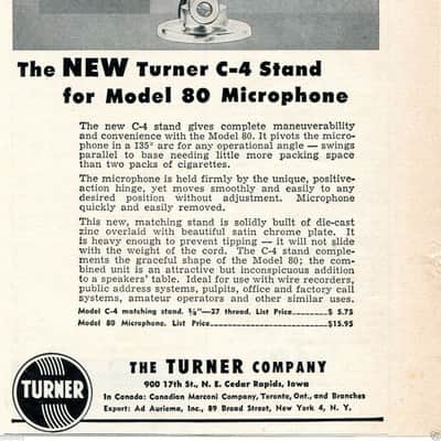 Vintage 1950's Turner 80X crystal microphone Satin Chrome w cable and stand image 2