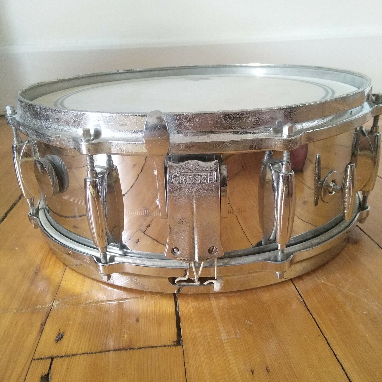 Gretsch COB 4165+Lightning Throw RARE Round Badge Snare Drum Brass+Cast Rims 60s — main photograph