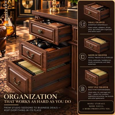 60.6" Old-School Walnut Music Executive Desk 7-Drawer Producer Studio Workstation w/ Charging Hub image 2