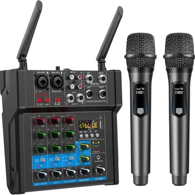 150W x2 Powered Amplifier Audio Mixer,4 Channel with Dual Wireless Mic Sound Board Console MP3 Digital USB Bluetooth Computer Input 48V Phantom Power Stereo DJ Mixing for Karaoke Party image 1