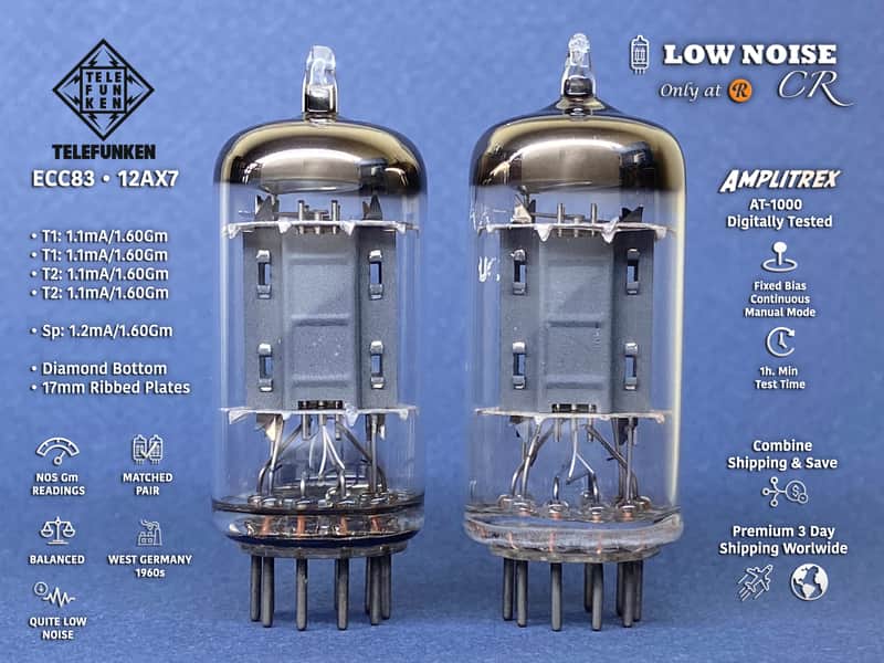 Telefunken ECC83 ◇ 12AX7 • 100% BALANCED mA & Gm PAIR • NOS Gm • 1960s • Ribbed Plates • Amplitrex AT-1000 Digitally Tested • Quite Very Low Noise • T-08-09 image 1