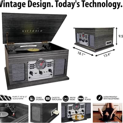 Victrola Classic 6-in-1 Bluetooth Turntable Record Player with CD, Cassette, FM Radio image 4