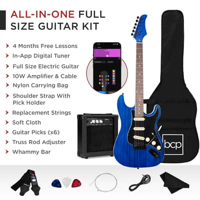 Beginner 39 In Electric Guitar Kit w/ Case, 10W Amp, Tremolo Bar - Blue Stripe image 2