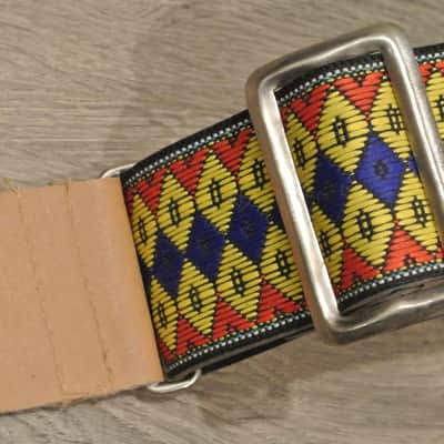 Vintage Ace Style Woven Strap- Metal Slide- Blue/Yellow Diamond Pattern image 2