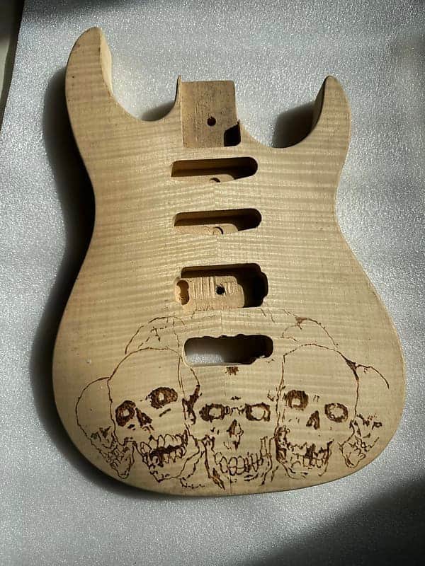 Carved Skull Head Top HSS Guitar Basswood Body with Tiger Maple Top image 1