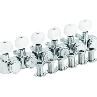 Guyker 6 In-line Guitar Locking Tuners – 1:18 Lock String Tuning Key Pegs Machine Heads for Folk Classical Acoustic Electric Guitar - Pearl Buttons, Chrome image 1