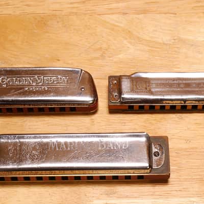 3 Vintage M Hohner Harmonicas Marine Band, Golden Melody & Blues Harp Keys G/C/G image 3