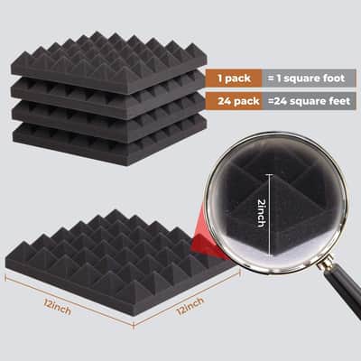 24 Pack 2 Inch Pyramid Acoustic Foam Panels – High Density Sound Absorbing Wedge Foam for Studio Recording, Home Studio, Podcast Room & Echo Reduction, 24 Sq Ft Coverage image 2