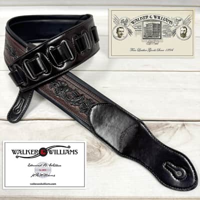 Walker and Williams KB-02-BT Oxblood Brown Carving Leather Padded Guitar Strap With Black Floral Skull & Cross For All Guitars And Basses image 6