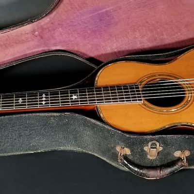 Dazzling 1927 Harmony Supertone Artist parlor guitar, rare 14” body, all orig, koa, orig case. image 14