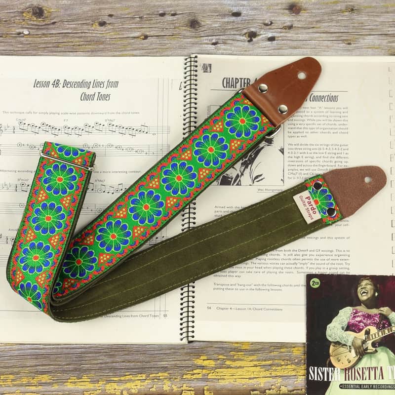 Pardo retro guitar strap model Daisy Green floral, backing suede image 1