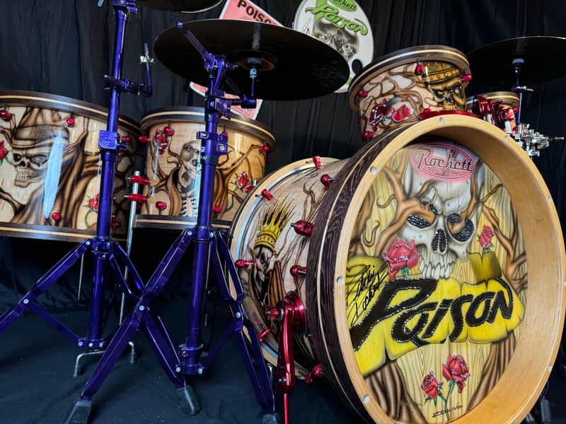Rikki Rockett's Poison, Rockett Drum Works, Steam Bent Hickory "The Rose" Drum Kit, 22",16", 14", 12", 10",  Plus Woofer, Swarovski Crystals, Signed! STUNNING image 1