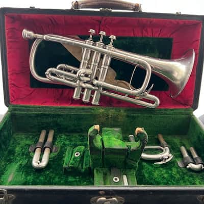 1904 Conn Conqueror Cornet – Silver Plate – Engraved “Exchanged for a Buescher” – King Case image 1