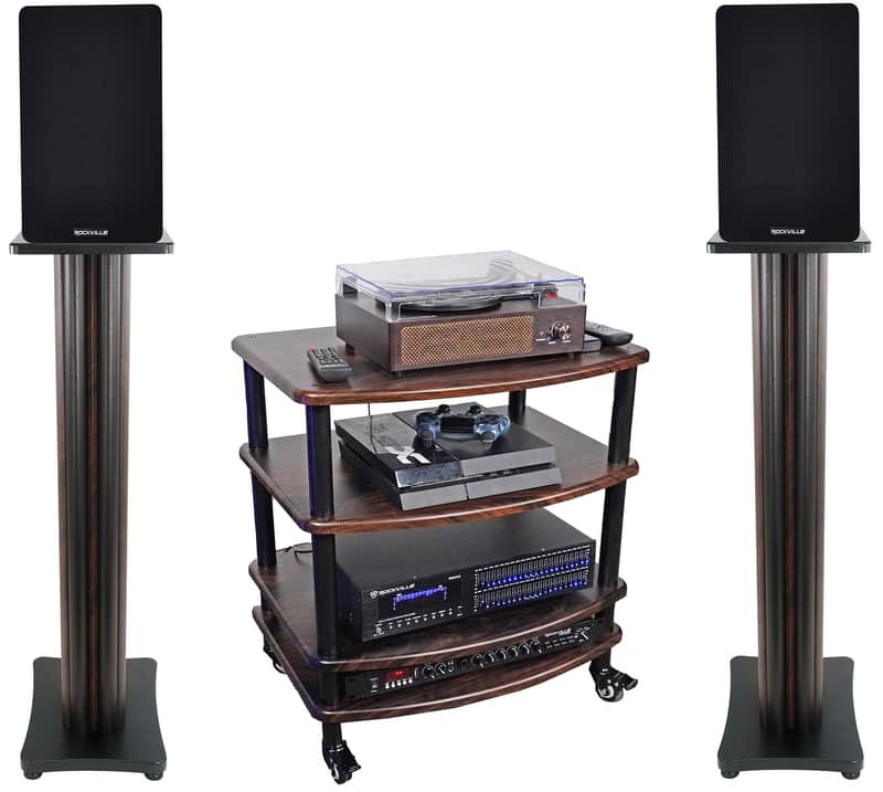 Pair Rockville RockShelf 68D Dark Wood 6.5" Bookshelf Speakers+36" Stands+Rack image 1