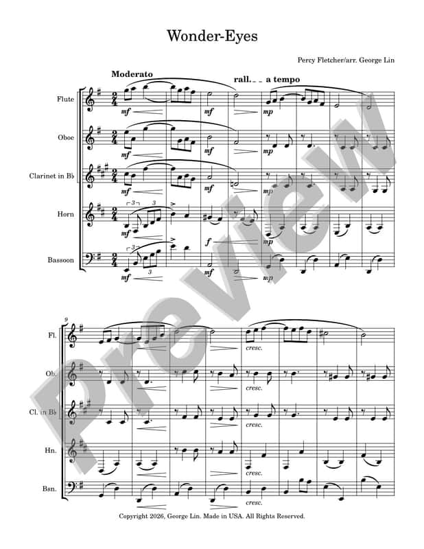 Wind Quintet Sheet Music - Wonder-Eyes (Percy Fletcher).  Arranged for wind quintet.  Full Score and Parts. image 1